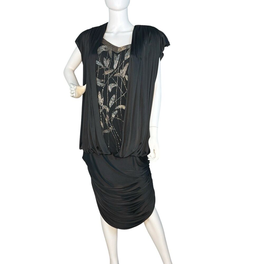 Vintage 80s Destinee Size 8 Black Beaded Ruched Disco Dynasty Dress